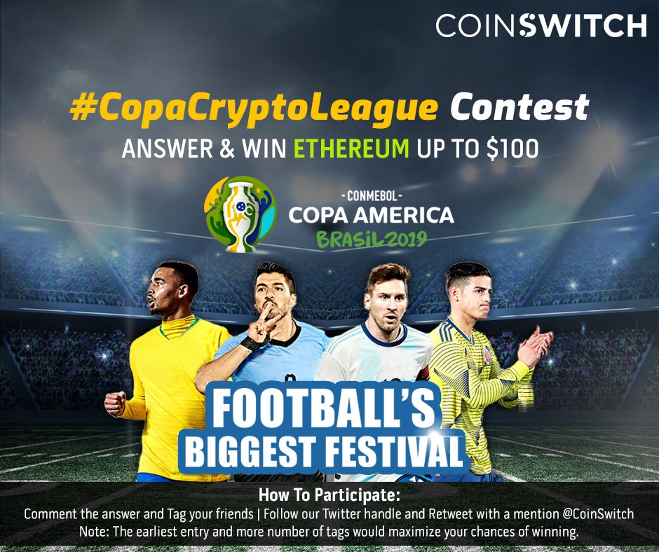 We listened to all your football woos and are bringing you something exciting!
Answer a question every Tuesday and get a chance win Ethereum up to $100.
T&amp;C: bit.ly/CS-CCLC
#CopaCryptoLeague #Contest #CopaAmerica #Messi $btc $eth #CryptoContest #CryptoGiveaway #Crypto
