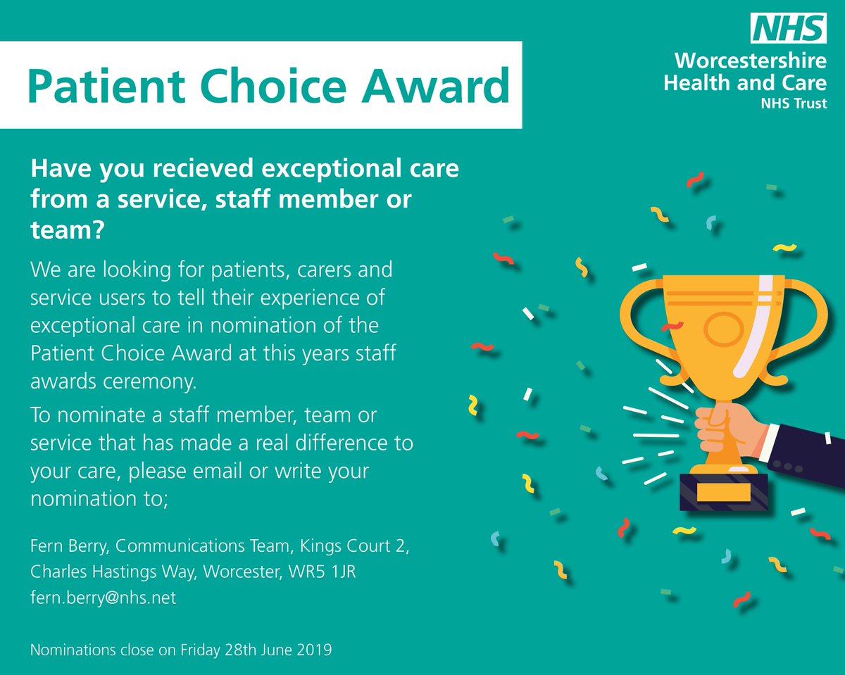 The deadline is approaching for nominations for the Patient Choice award at this years staff awards. If you have received exceptional care from any of our staff or services please let us know by emailing us with your nomination by Friday 28th June.