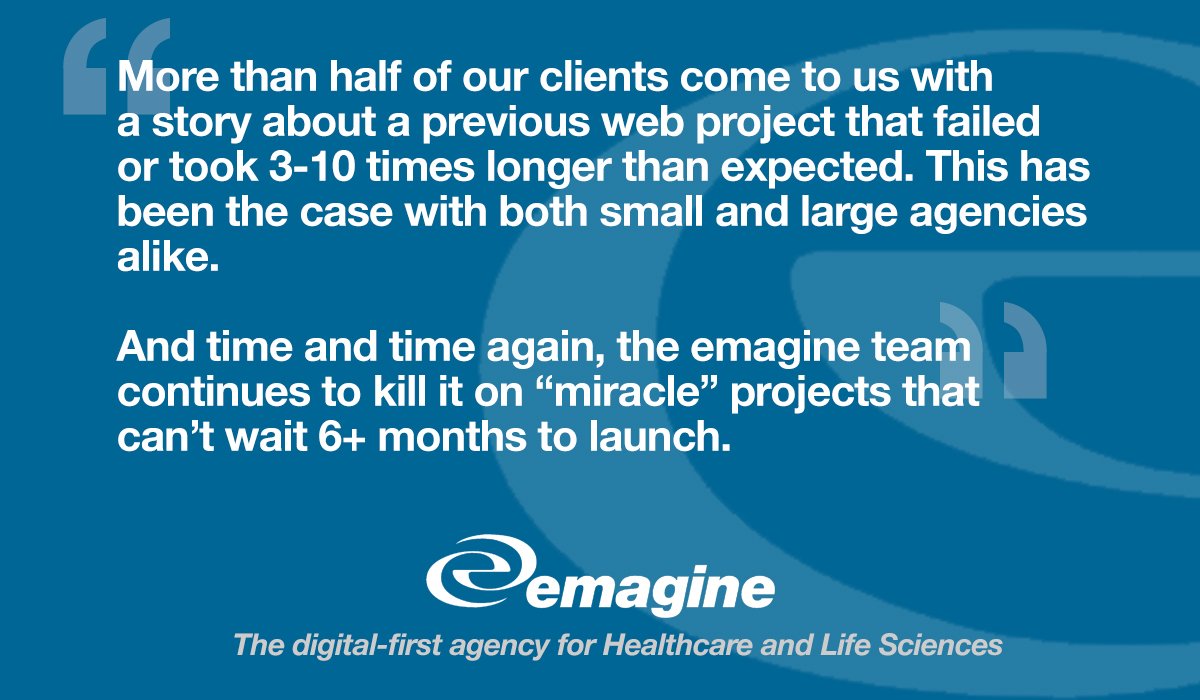 BillGadless's tweet photo. The emagine team is pulling off #digital projects in #healthcare and #lifesciences where other #agencies fail. They're doing unprecedented things in unprecedented timeframes. We know that not all #web projects can wait 6+ months to launch. #marketing #webdesign #wordpress https://t.co/VSO9w5wq38