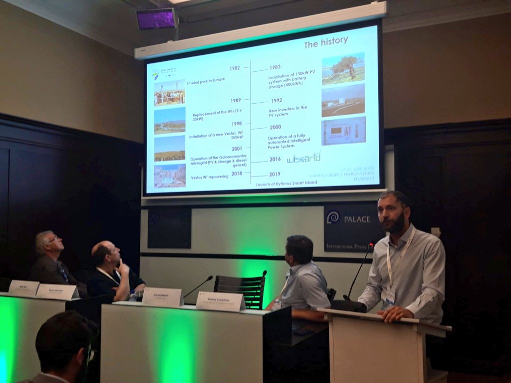 At #EUSEW19, Kostas Komninos from <a href="/AEGEAN_ENERGY/">Aegean Energy and Environment Agency</a> from <a href="/WiseGRID_H2020/">WiseGRID</a> is talking about  the #EnergyTransition on #Kythnos. <a href="/WiseGRID_H2020/">WiseGRID</a> is one milestone on the island's pioneering journey. <a href="/EU_H2020/">Horizon 2020</a>