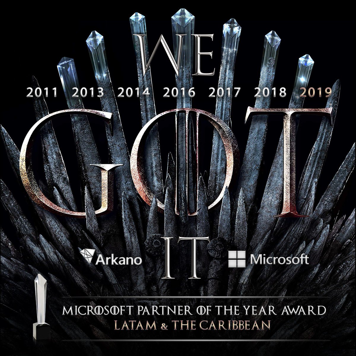 arkanosoftware's tweet photo. The struggle for the Iron Throne is coming to an end and we are #TheKinginthesouth.
All of us are very proud of receiving the award @Microsoft Partner of the Year 2019 for Latin America and the Caribbean. We're getting ready for the next battle!
2020 is coming. https://t.co/98T394LoRo