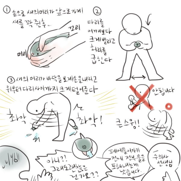 수의사선생님이 시범을 보여주셨는데 정말 저렇게 해도될까 싶을정도로 세고 강렬하게 촥!촥! 팔을 편채로 털어주셨습니다. 새의 머리를 바닥으로 한 빠른 바이킹이라고 생각하시면될것같고... 팔꿈치만 굽혀서 작게 흔드는건 소용이 없다고 하셨습니다. 물을 전부 토해 털어내게하는 느낌입니다.