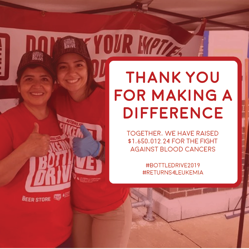 Return4Leukemia's tweet photo. We are endlessly grateful for our volunteers and everyone that supported and contributed to this year’s successful Leukemia Bottle Drive. Together, we raised $1,650,012.24 for the LLSC this year and over $18-million dollars since the 1st Bottle Drive back in 2006 #BottleDrive2019 https://t.co/OOAk5JFZJL