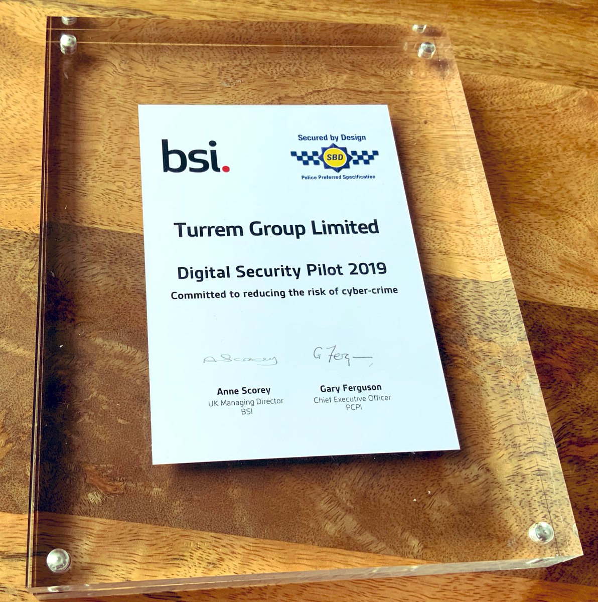 turremgroup's tweet photo. What an honour to receive the Digital Security’s Pilot 2019 certification. Thank you @BSI_UK @securedbydesign #IFSEC2019 #Cybersecurity #makingcybersimple #techteam #cybercrime #cybercrimeprovention #policeprefferedspecification https://t.co/G4AfJbZ0BK