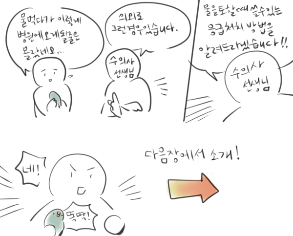 수의사선생님이 시범을 보여주셨는데 정말 저렇게 해도될까 싶을정도로 세고 강렬하게 촥!촥! 팔을 편채로 털어주셨습니다. 새의 머리를 바닥으로 한 빠른 바이킹이라고 생각하시면될것같고... 팔꿈치만 굽혀서 작게 흔드는건 소용이 없다고 하셨습니다. 물을 전부 토해 털어내게하는 느낌입니다.
