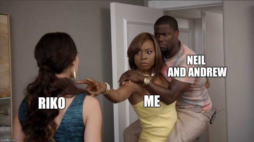 kevin hart protect meme, but with neil, andrew, and riko