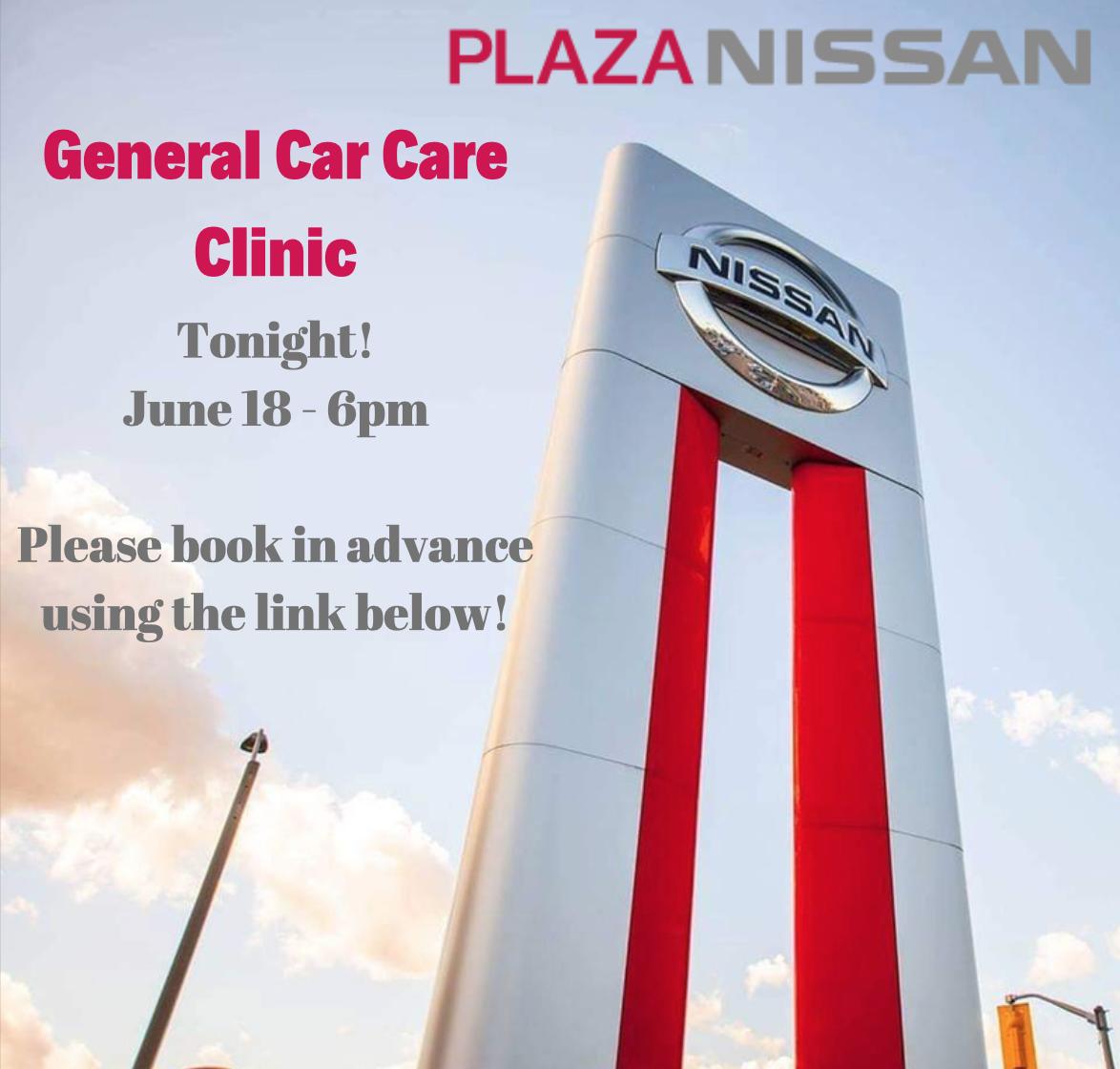 plaza_nissan's tweet photo. Our General Car Care Clinic is happening tonight at 6pm. Click on the link below to book in advance. 
https://t.co/l3aB3skdpZ

#PlazaNissan #HamOnt #Nissan #Auto #Nissancars #UpperJames #NissanRace #NissanCanada #NissanCars #NissanTruck #NissanSUV #SUV https://t.co/4Dzxi4FxIE