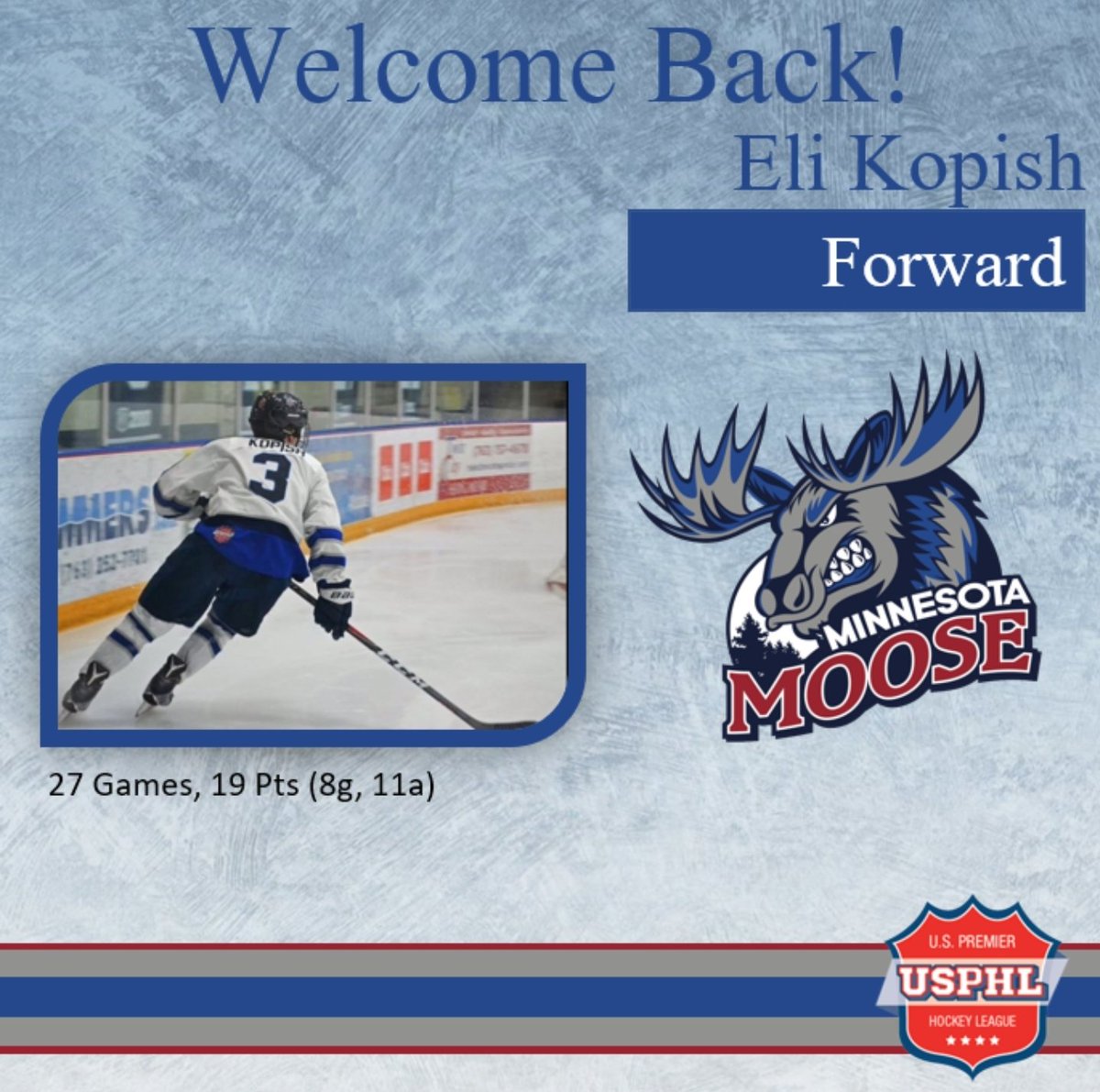 MNMooseHockey's tweet photo. 2019-2020 MOOSE SIGNING!

The Minnesota Moose are happy to announce the return of Eli Kopish ('00) from West Bend, WI. Eli played 27 games with the Moose last year posting 19 pts (8g, 11a)
#AntlersUp #NotDoneYet https://t.co/AYq7iTNHRi