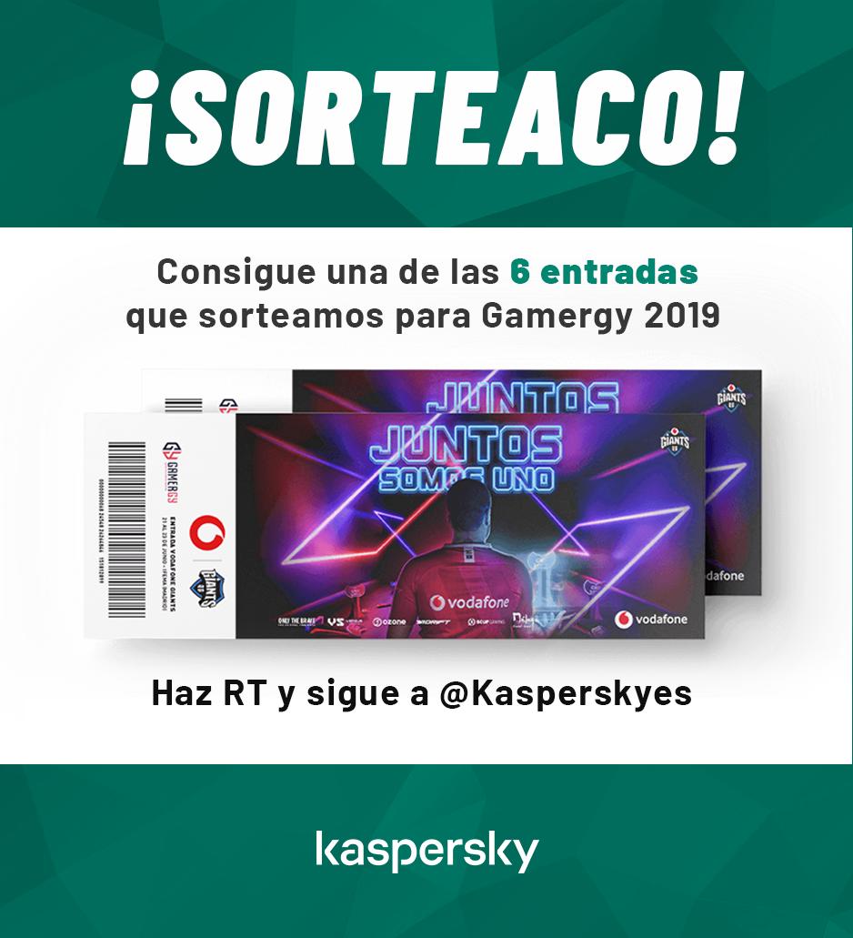 GIANTX (@giantxgg) on Twitter photo ¡Sorteamos 6 entradas para @Gamergy! Ven a vivir el mayor evento de esports de España con nosotros gracias a Kaspersky.
Para participar:
🔁 Haz RT
💚 Sigue a <a href="/KasperskyES/">Kaspersky España</a>
El sorteo finaliza el jueves 20 a las 23:59. ¡Mucha suerte!
#WeAreGiants #VodafoneGiants ¡Sorteamos 6 entradas para @Gamergy! Ven a vivir el mayor evento de esports de España con nosotros gracias a Kaspersky.
Para participar:
🔁 Haz RT
💚 Sigue a <a href="/KasperskyES/">Kaspersky España</a>
El sorteo finaliza el jueves 20 a las 23:59. ¡Mucha suerte!
#WeAreGiants #VodafoneGiants