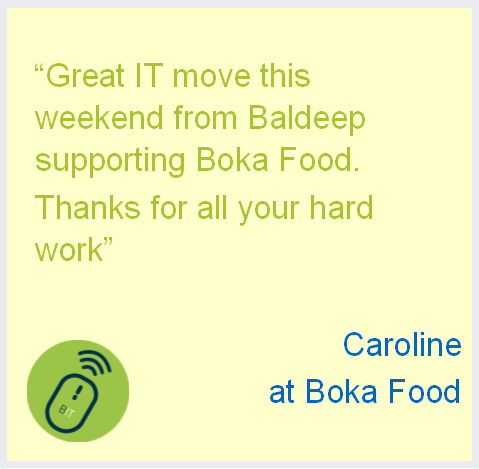 BirakIT's tweet photo. Thanks to the team at @DeliciousBoka for this great feedback.
It's great when a project goes to plan.
#Office365 #ITMove #HampshireHour https://t.co/OrJLfFqaAw