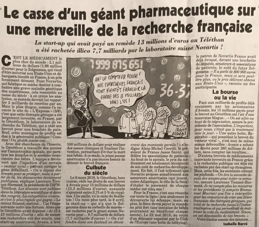 La start-up qui avait payé un remède 13 millions d’euros au Téléthon a été rachetée illico 7,7 milliards par le laboratoire suisse Novartis qui fixe le prix du médicament à 2,1 millions de dollars #zolgensma #medicine #price 🤯🤯🤯