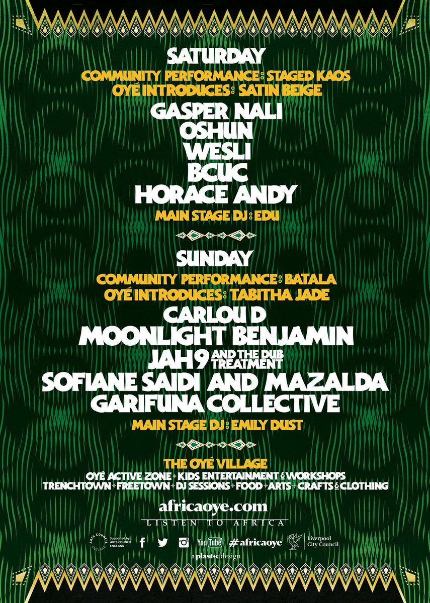 THIS WEEKEND! Tell your family, tell your friends &amp; join us for the UK's 
biggest FREE festival of the music &amp; culture of Africa &amp; the Diaspora!

Saturday 22 &amp; Sunday 23 June, Sefton Park #Liverpool
12:30pm-9:30pm

NEW VIDEO ow.ly/FygR30oXIYl #Oye19

<a href="/ace_thenorth/">Arts Council England, North</a>