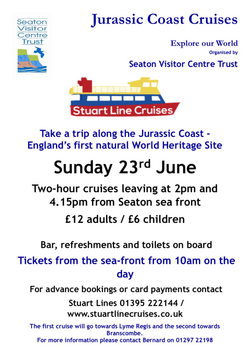 SeatonVct's tweet image. Take a trip along the #Jurassic Coast Sunday 23rd June. Two-hour cruises leaving at 2pm &amp;amp; 4.15pm from #Seaton sea front £12 adults / £6 children - Bar, refreshments &amp;amp; toilets on board. Tickets from sea-front from 10am on the day. More info on poster @seatonjurassic @LymeRegTIC