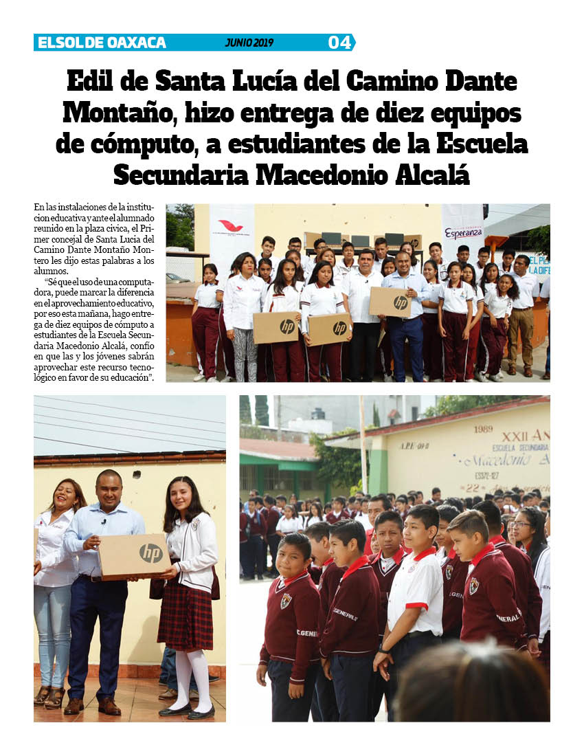 VicManOaxaca's tweet photo. #ElSoldeOaxaca #Num284 #MesJunio #Año16 #Pag4
* Edil de Santa Lucia del Camino @DANTEMONTANO hizo entrega de 10 equipos de computo, a estudiantes de la Escuela Secundaria Macedonio Alcalá. https://t.co/7ACvUR8j18