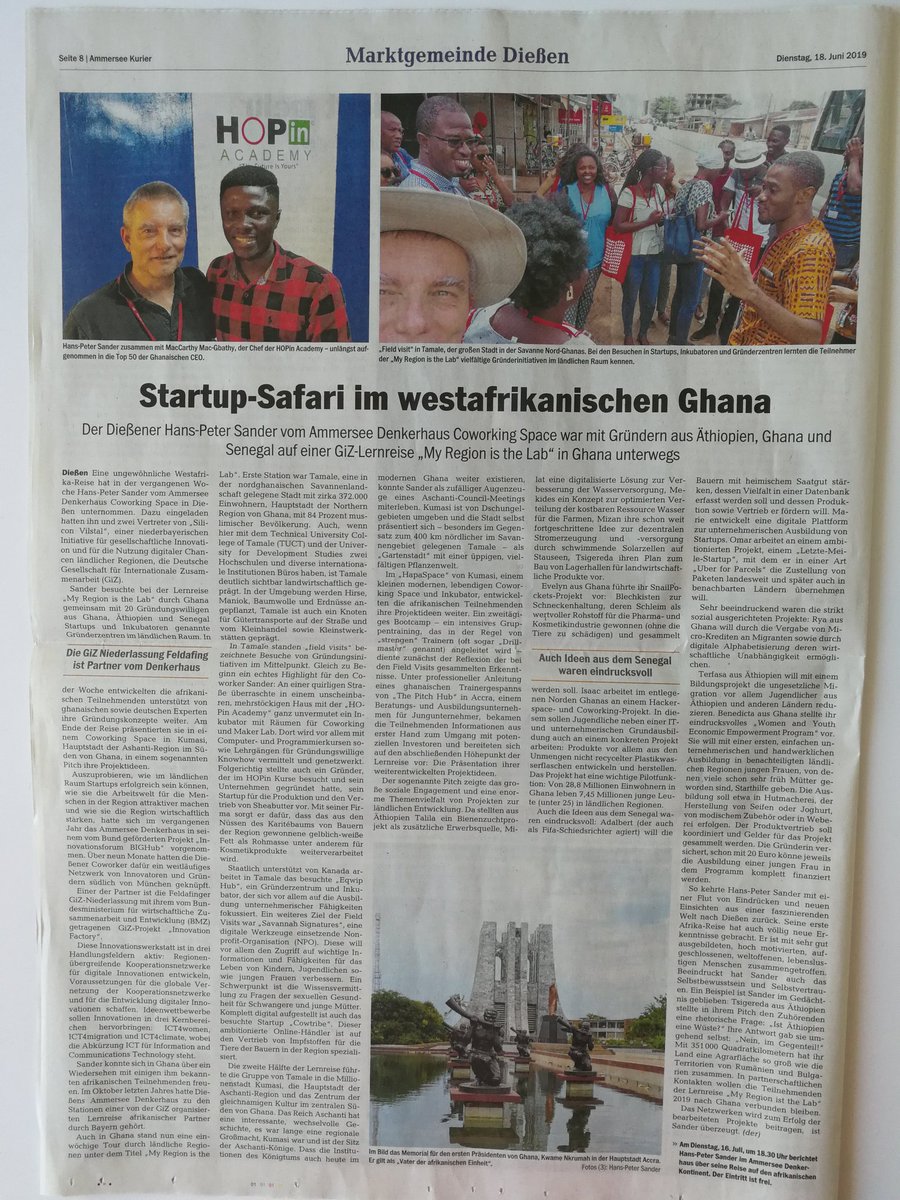 BIGHub_Bayern's tweet photo. Der https://t.co/ItSC9Ohh4v veröffentlicht heute den Bericht über die @giz_gmbh Lernreise #MyRegionIsTheLab nach Ghana, an der Hannes vom @denkerhaus teilgenommen hatte. Die @Innovation_Fcty der GiZ ist Partner im BIGHub Netzwerk. #RuralAreaCoworking https://t.co/66oZmttRuh