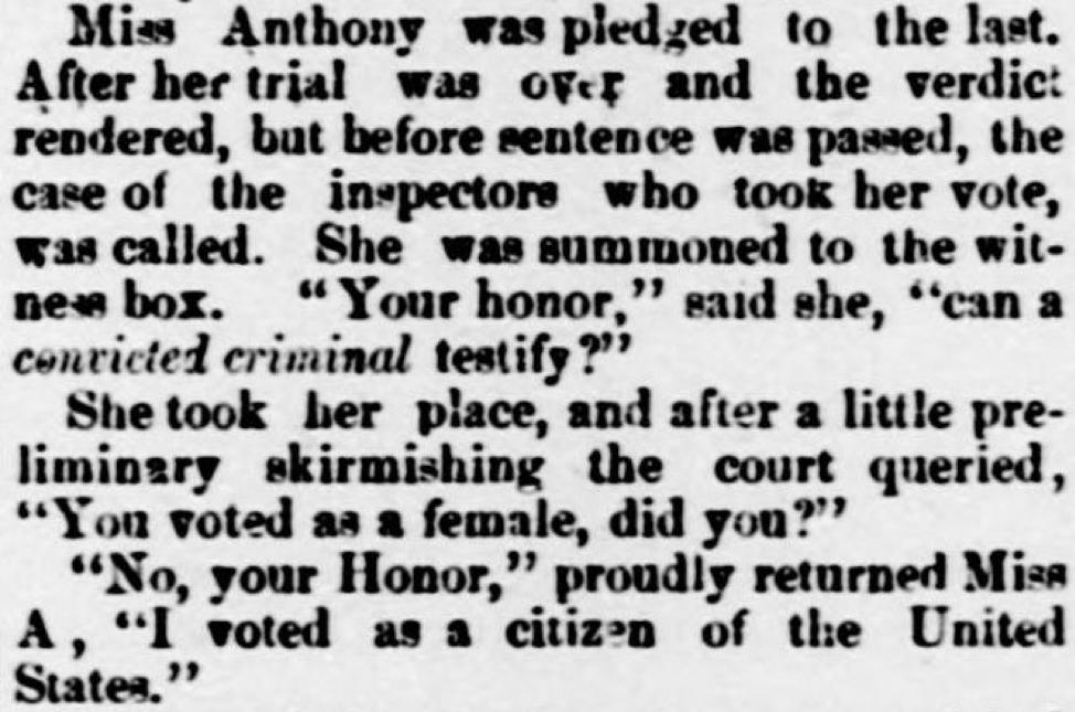 librarycongress's tweet photo. Susan B. Anthony was found guilty #OTD 1873 &amp; fined $100 for voting in the 1872 Presidential election. The reason: she was a woman. More in our online newspaper archives:  https://t.co/SY15SL3ehL #Suffrage100 #ShallNotBeDenied #ChronAm https://t.co/Zd0R2jaiC7