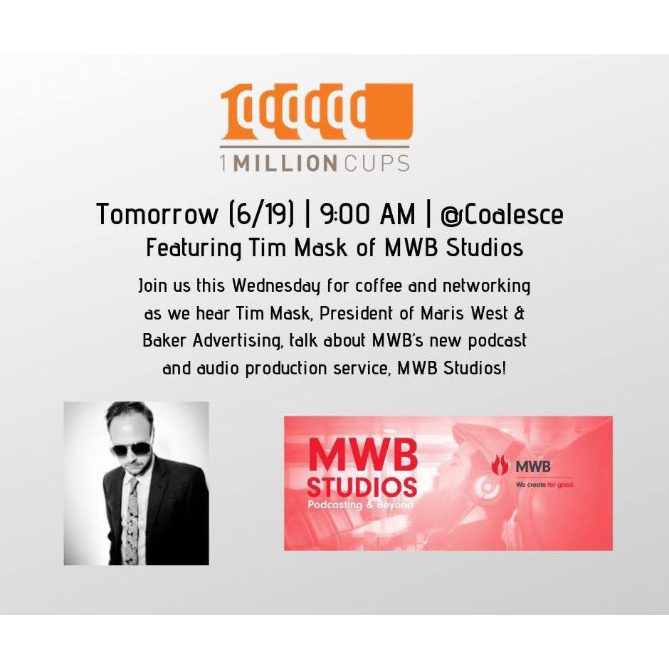 Join us Tomorrow for 1 Million Cups! <a href="/timmask/">Tim Mask™</a> <a href="/MWBcreate/">MWB</a> <a href="/InnovateMS/">Innovate Mississippi</a> <a href="/teamjxnMS/">Team JXN</a> @jxnpreneur <a href="/mdaworks/">Mississippi Development Authority</a> <a href="/jfp_daily/">Jackson Free Press</a> <a href="/VisitJacksonMS/">The City With Soul - JXN MS</a> <a href="/smartzweb/">Smartzweb</a> <a href="/CoalesceJxn/">Coalesce</a> #podcasting #Entrepreneurship #community #networking