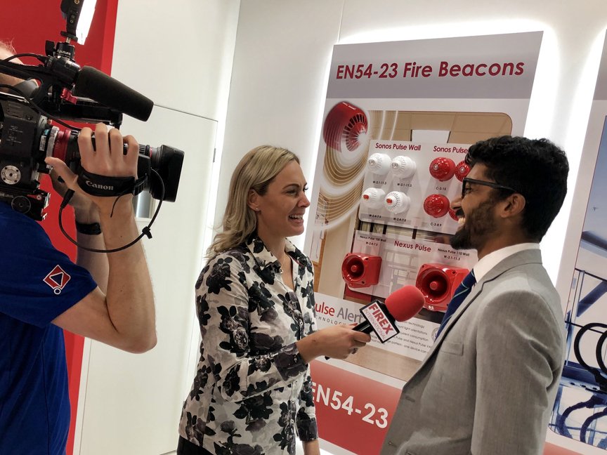KlaxonSignals's tweet image. Our very own Pranav being interviewed at #FIREX today, where he spoke about our fire, industrial and wide area signalling products, including our Sonos Pulse EN54-23-compliant beacons and sounder beacons. Come past tomorrow - you can&apos;t miss us, we&apos;re at the #FireSolutions stand!