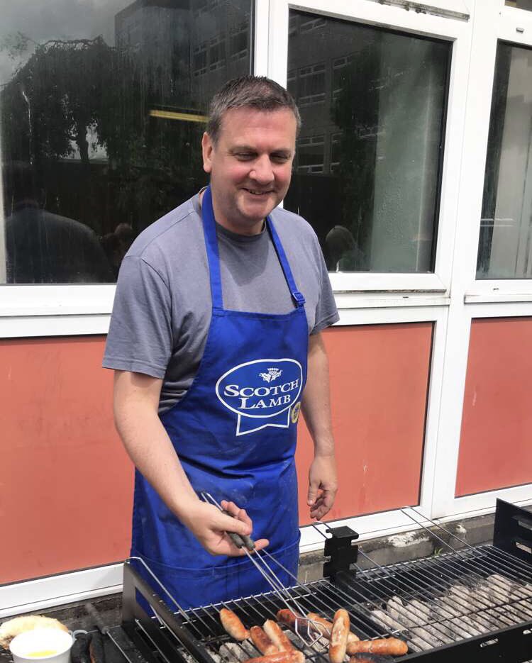PerthHighGeo's tweet photo. Mr Clark had a busy lunch cooking and serving the BBQ food for members of PHS staff and former S6 pupils. The sun even made an appearance for the occasion ☀️ Thank you to everyone who helped out. 🌟#weAREphs https://t.co/jGnrgmQkFp