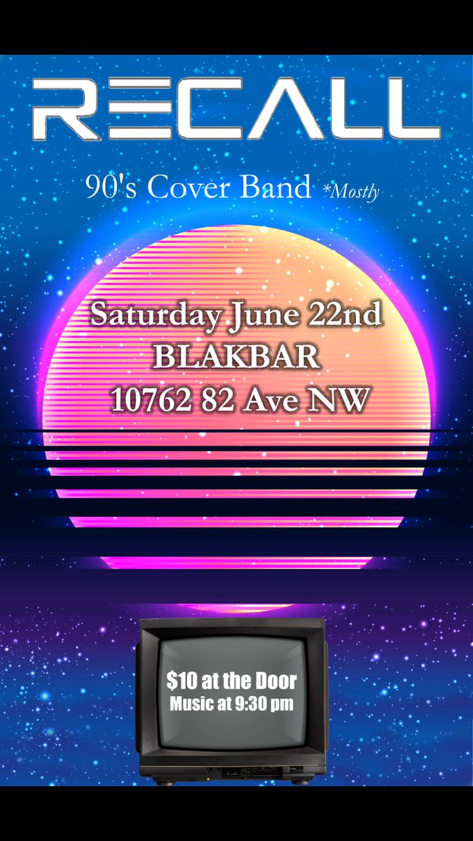 Saturday night! Come rock out 90's style!...well mostly anyway. Gonna be a fun one! #blakbar #altrock #resto #rockshow #saturdaynight #recall #yeg #yegmusic #yegrock #whyteave