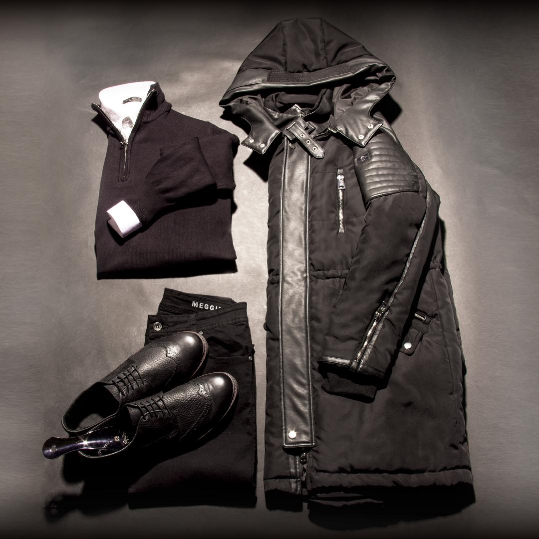 THE LOOK: Jean Megging Gastado Black Iris Rot + Chaqueta Larga Bach + Camisa Riley Lisa Entallada + Zapato Creppe Luxemburgo + Polera c/cierre Fischer