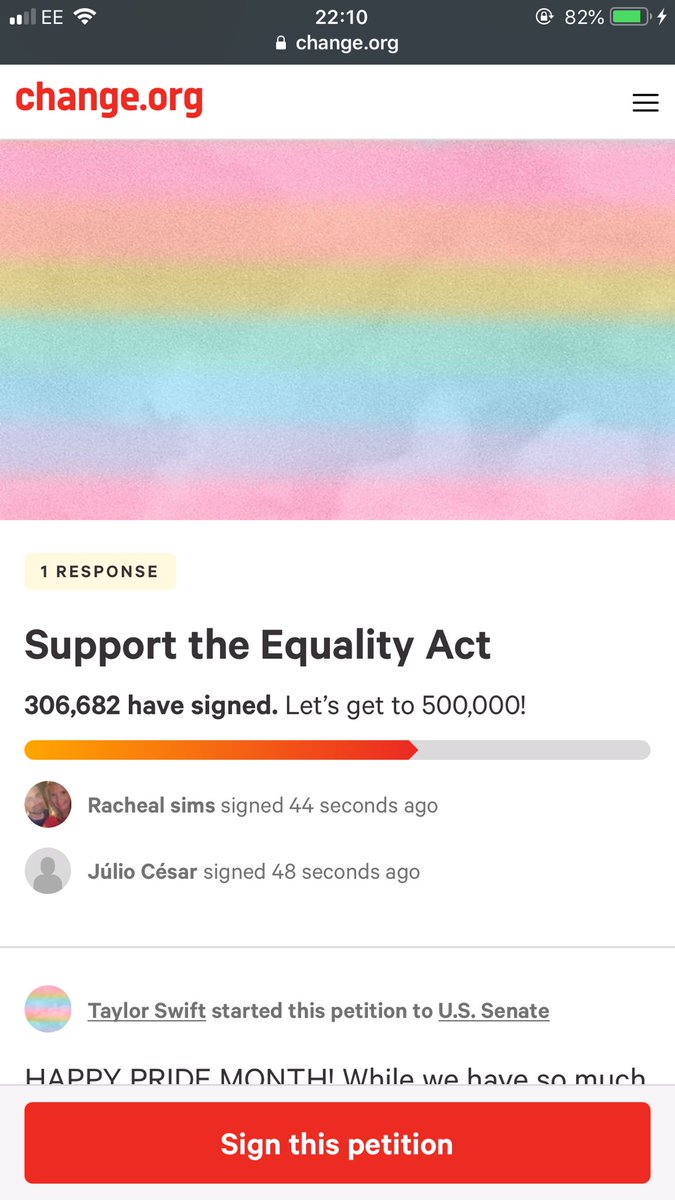 Taylor Swift Charts on Twitter: "Taylor Swift's petition to support Equality Act, has now surpassed 300,000 You sign it here: https://t.co/dcBRSgs1IY #YNTCDMusicVideo #PrideMonth https://t.co/MfcCtm1JgD" / Twitter