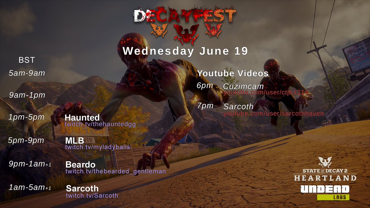 decayfest's tweet photo. Stream schedules #decayfest style!! 

EST and BST for those wondering, please make sure to check before you stream. 

2 Videos are being dropped on the first day too!!

Oh this is going to be so much fun, just like ferals throwing you around https://t.co/LvBfWlocuj