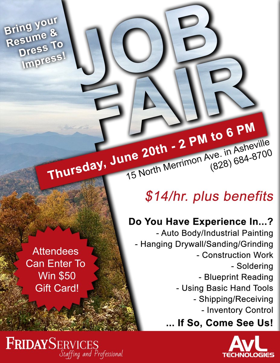 FridayCareers's tweet photo. Friday Services we take the stress off your plate and get your resume in front of the right people- to get YOU HIRED! Come see us at @AvLTechnologies June 20th, from 2-6 PM, to learn more!
#FridayServices #Hiring #JobFair #Industrial #AVLTechnologies #CareerFair #Staffing #Apply https://t.co/U2CExhsU5H