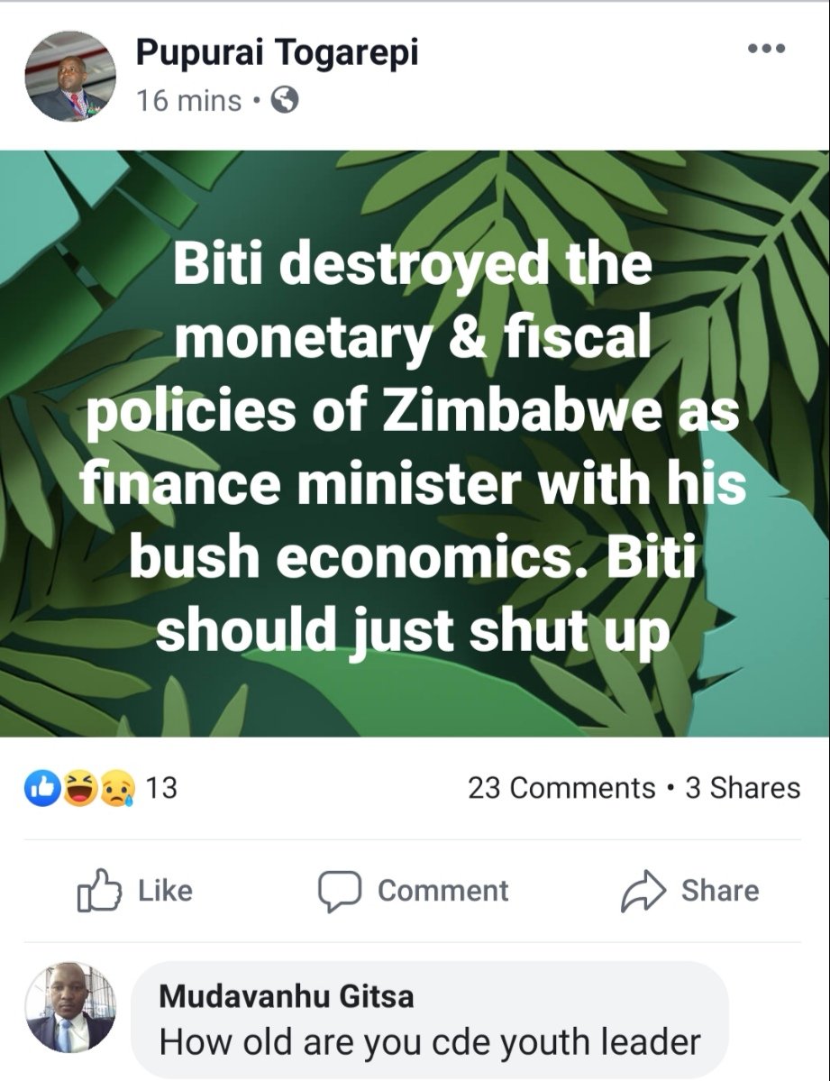 MlamboProf's tweet image. Someone close to Cde @TogarepiPupurai should remind him that @BitiTendai stopped being the Finance Minister in 2013, more than half a decade ago!

#BondNotes are RG's creatures.

#RTGSDollars are ED's creation.

#LEADERSHIP is about accountability not blame shifting
@MatutuLewis
