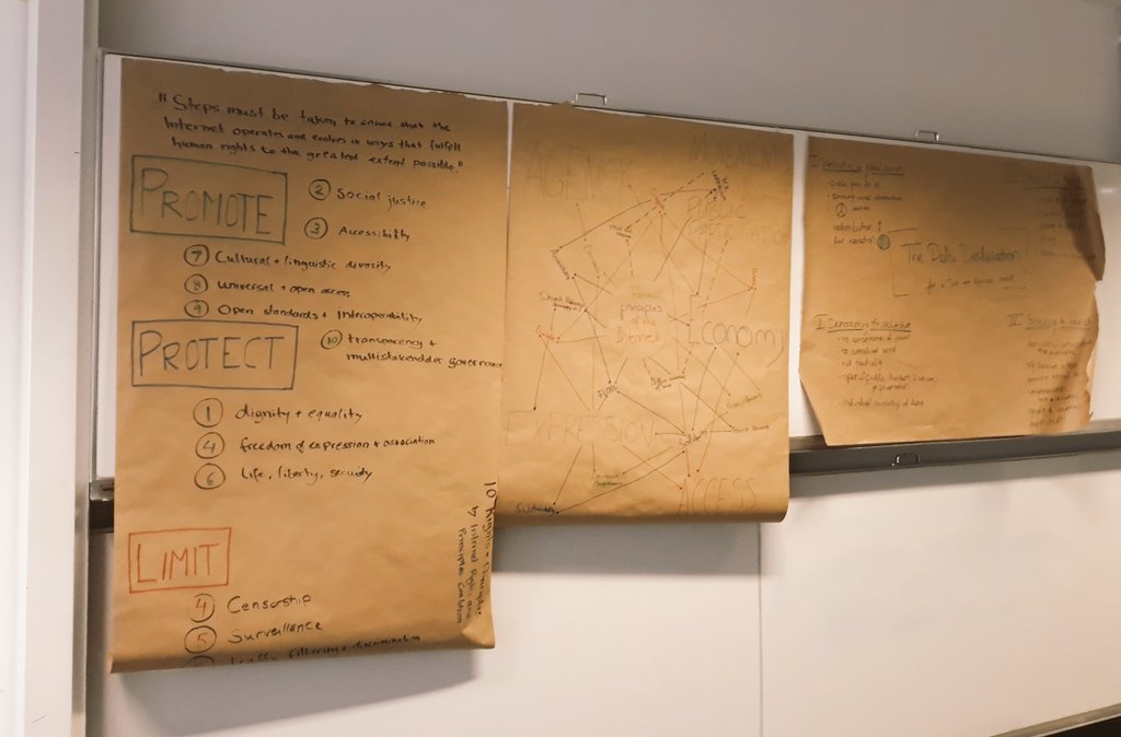 EdoCeles's tweet photo. How to teach students about #digitalconstitutionalism? In an intense teaching session @UniBremen designed by @dennisredeker we analysed a selection of Internet bills of rights, re-organising their content on posters and discussing about their meaning and value #teachingmobility https://t.co/D2aw0y3YTY
