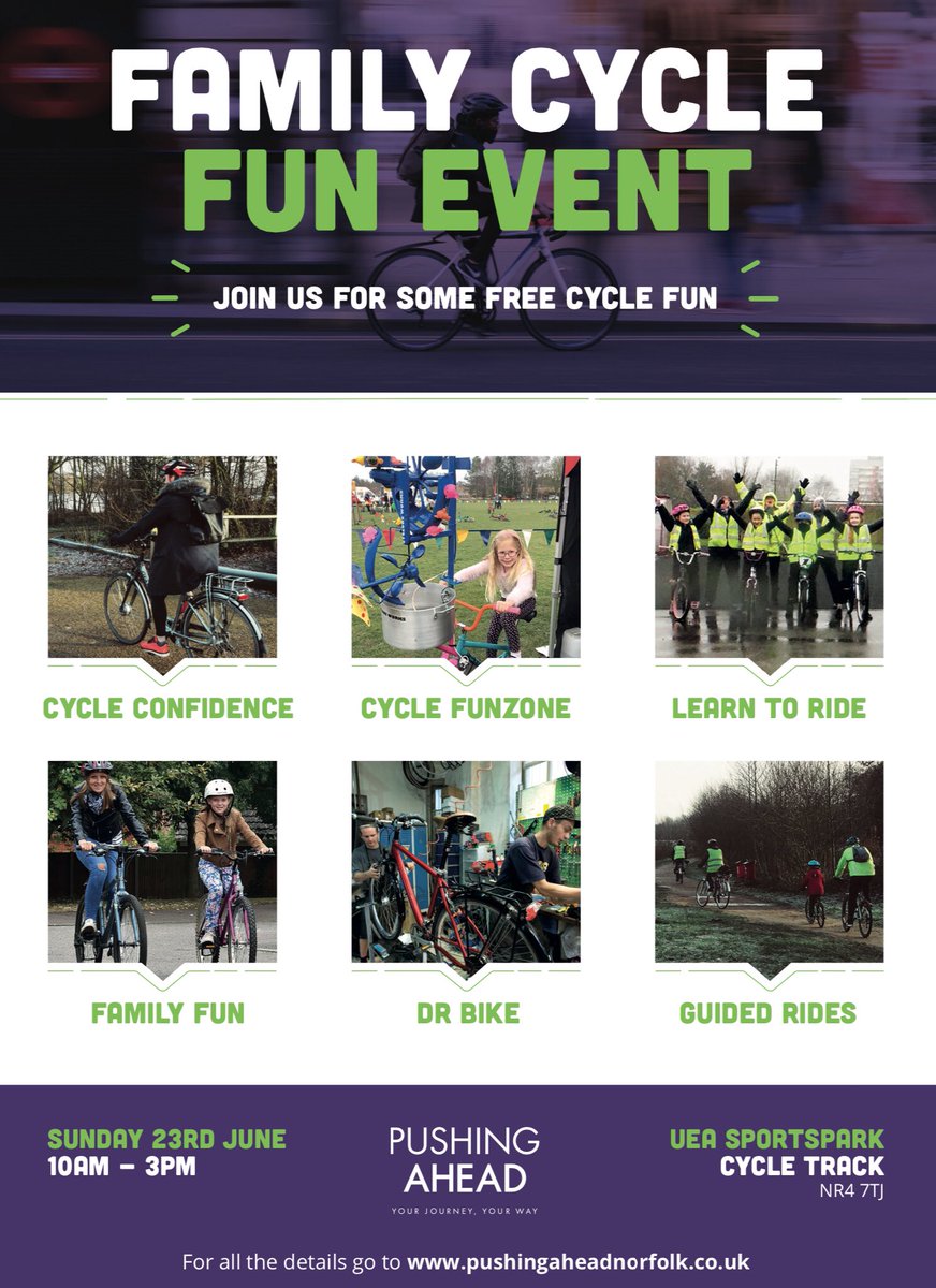 It’s our awesome Family Cycle Fun Event at @SportsparkUEA on Sunday. Lots of activities for cyclists of all ages, plus we can help anyone take to 2 wheels for the first time. The crew will be there to offer help and advice. See you there 🚲☀️😁👍🏻🛴