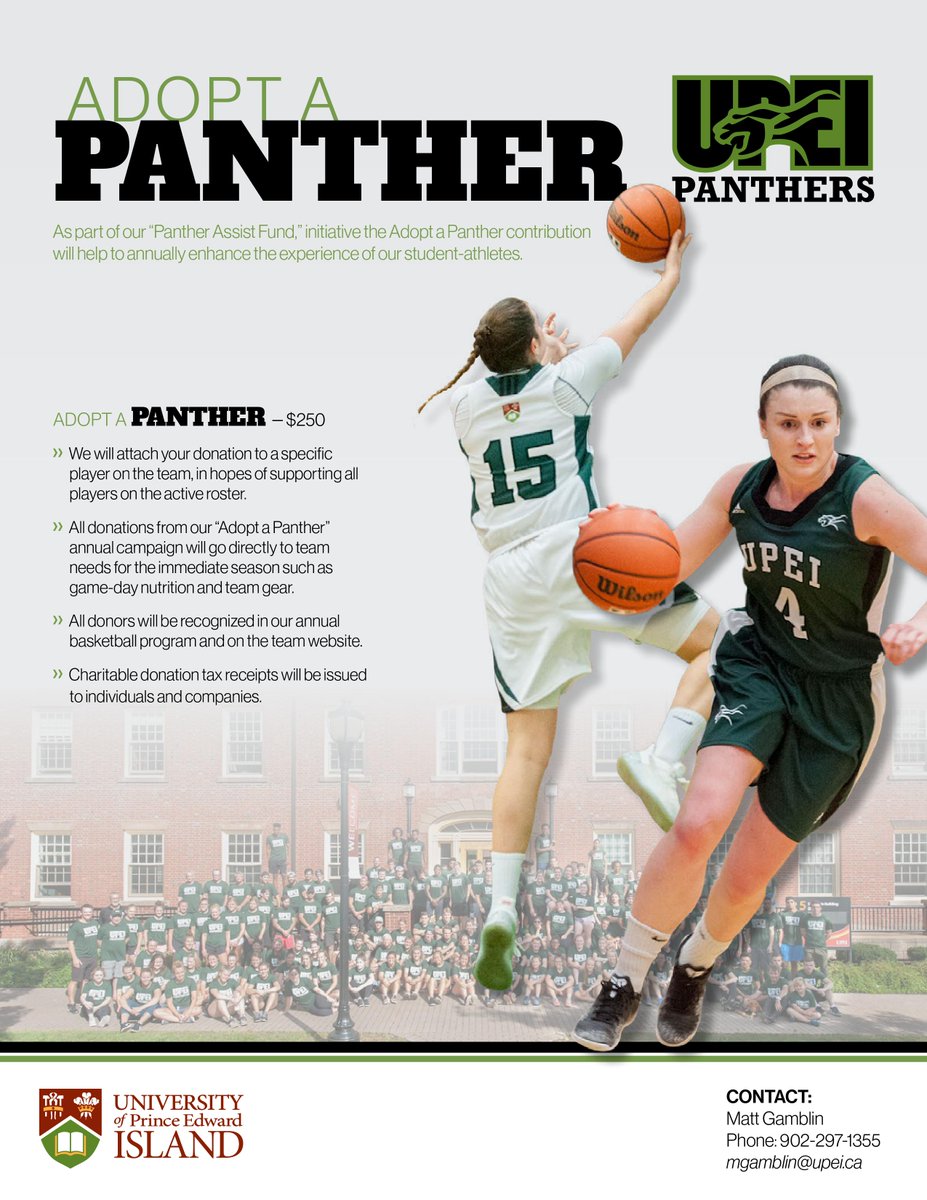 UPEIWBasketball's tweet photo. 🏀Support your @UPEIPanthers WBB Team with our new Adopt a Panther campaign! Contact: Coach Gamblin - mgamblin@upei.ca #PantherPride #GoPanthersGo 🏀 https://t.co/4uzDJrjW04