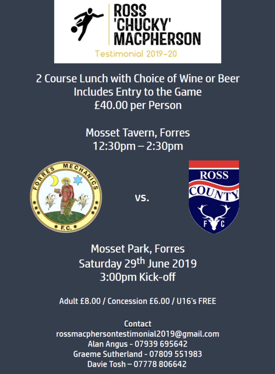 PRE SEASON FRIENDLY ⚽️

<a href="/themightycans/">Forres Mechanics Supporters</a> v Ross County
Saturday 29th June 2019
Mosset Park, Forres
Kick off 3pm

Get along if you can #Staggies