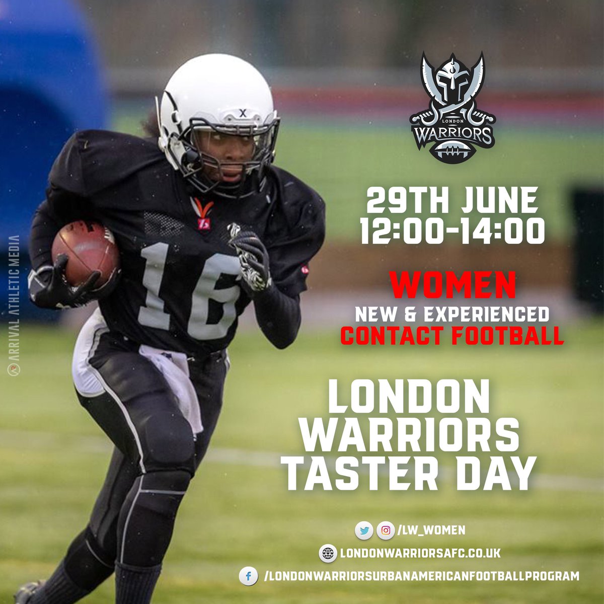 LW_Women's tweet photo. Come and join us for our taster day,
29th June
12:00-14:00
Selhurst Sports Arena
New and Experienced players welcome!
-
DM us for more information!
-
#DontBeScared #ThisGirlCan #LondonWarriorsWomen #americanfootball #LondonWarriors #womeninsport https://t.co/m9d9vBSf00