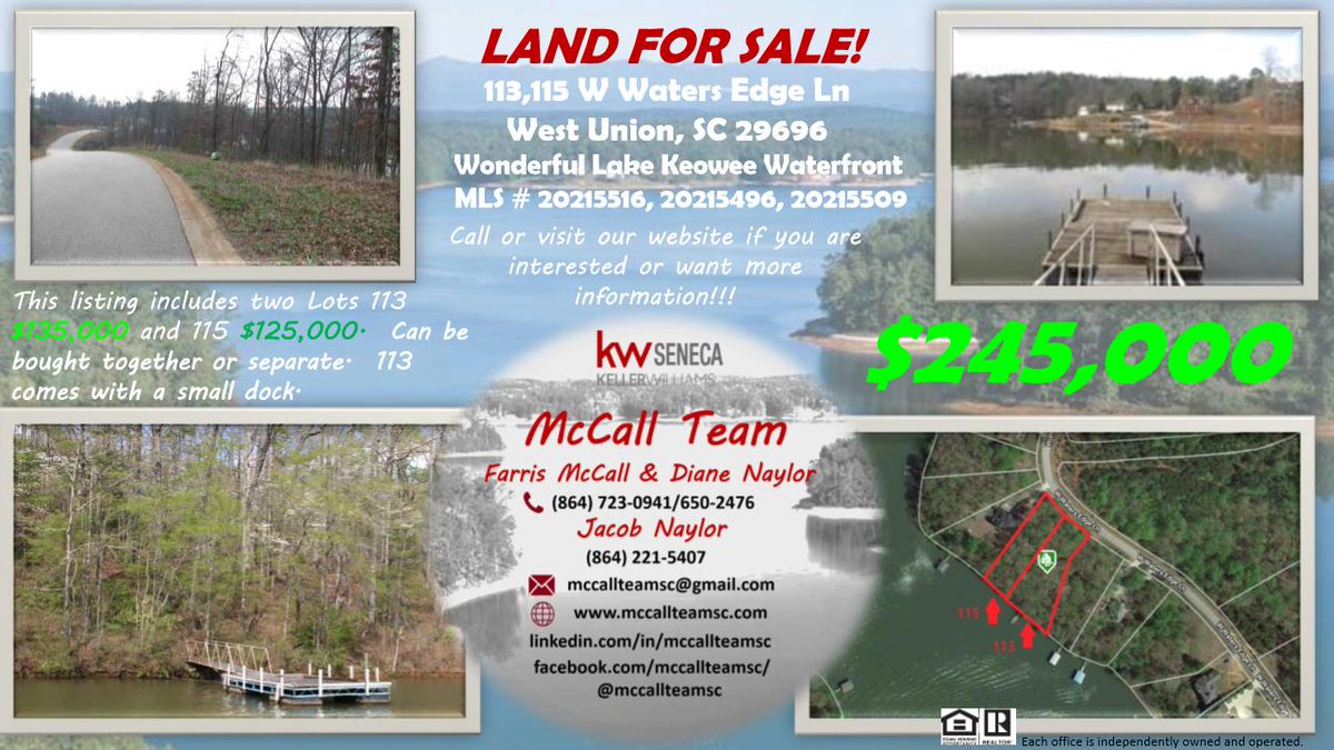 mccallteamsc's tweet photo. Two #LakeKeowee lots ,1.16 acres together, situated in Waters Edge subdivision, #WestUnion. 113 W Waters Edge has the dock platform. Owner Financing available! Call now or visit https://t.co/xN6XJ5ZRiQ.
#mccallteamsc #kellerwilliams #landforsale #forsale #waterfrontproperties https://t.co/j33JLDpC85