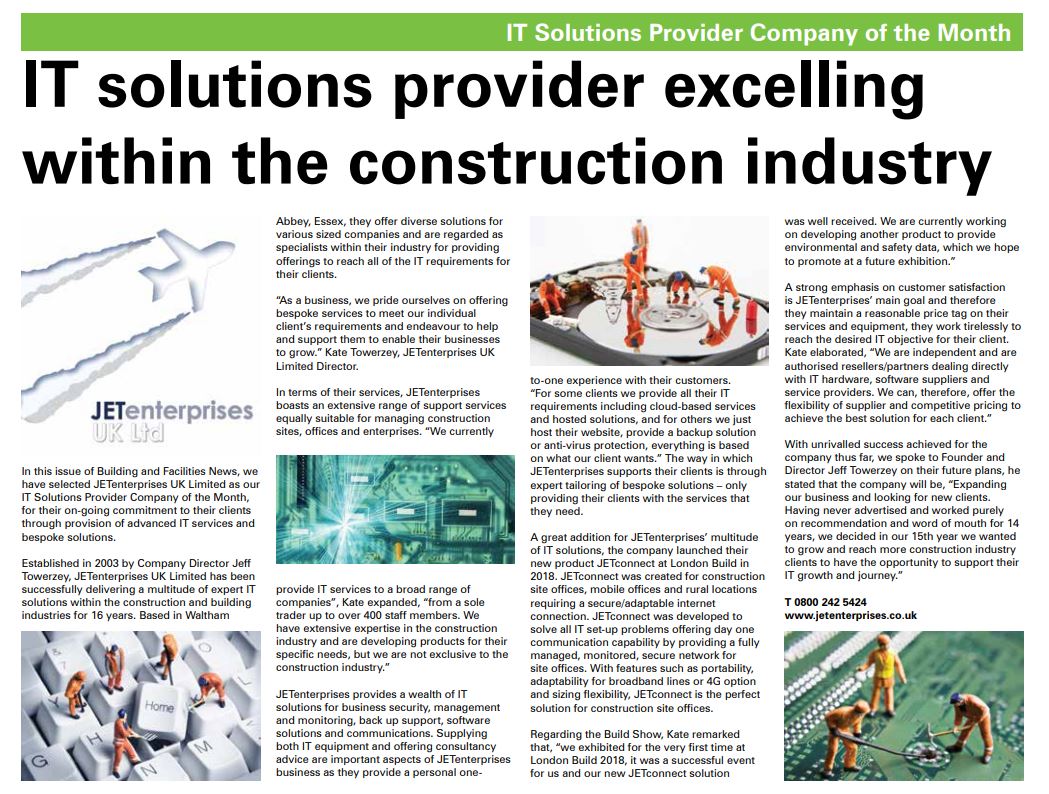 JETenterpriseUK's tweet photo. Exciting to feature in Building and Facilities News @bafn_uk magazine Issue 951 page 21 as their IT Solution Provider Company of the Month:
https://t.co/EEYdJgMZXJ
#IT #ITsolutions #ITinnovation #ITsupport #bespoke #tailored #ITservice #constructionIT #constructionindustry https://t.co/LDH4P3ESCd