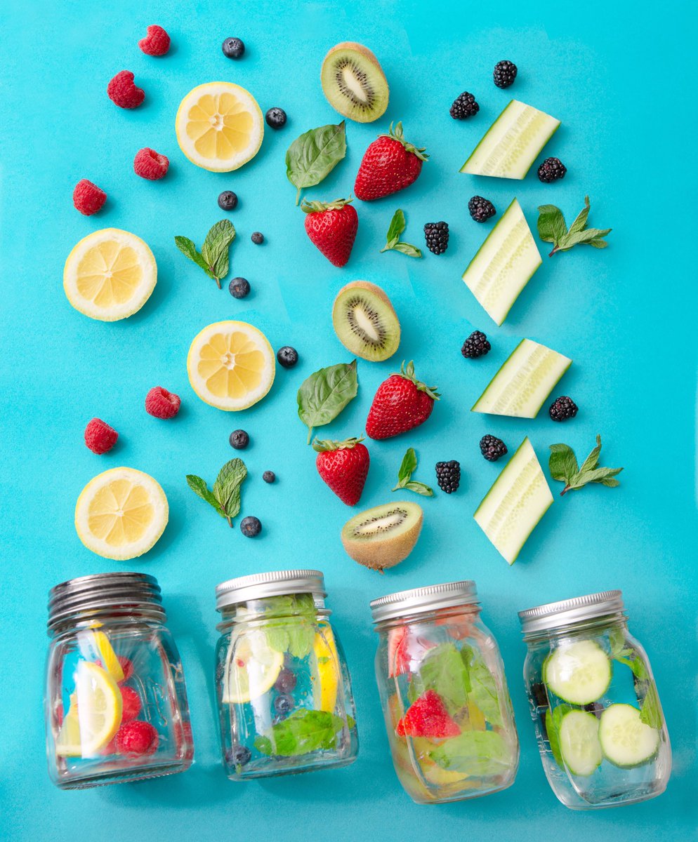 Do you find it difficult to drink 8 glasses of water a day? Try one of these four combinations:

1. Raspberries + Sliced Lemons 🍋 
2. Blueberries + Fresh Mint + Sliced Lemons 💙🌱
3. Strawberries + Kiwis + Fresh Basil 🍓
4. Cucumbers + Blackberries + Fresh Mint