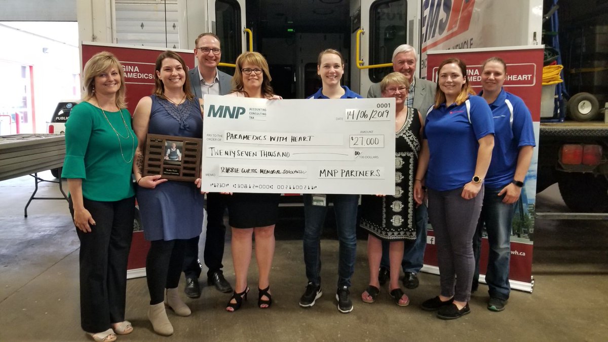 This Friday the <a href="/MNP_LLP/">MNP</a> Community Fund granted $27,000 to the Robbie Curtis Memorial Scholarship. With support from the MNP Community Fund, and the Curtis family, <a href="/yqrparamedics/">Regina Paramedics with Heart</a> will be sponsoring a $2,000 Scholarship to assist Paramedics in furthering their education.