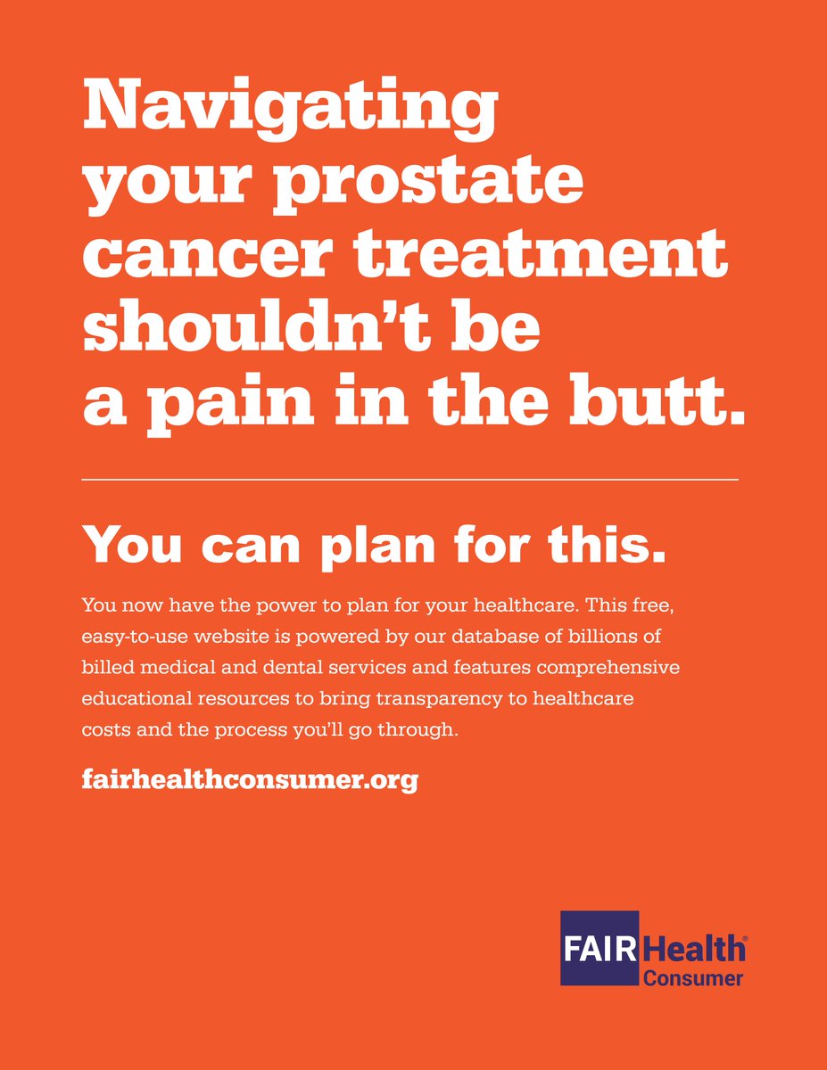 FAIRHealth's tweet photo. Navigating your prostate cancer treatment shouldn't be a pain in the butt. You can plan for this. Go to https://t.co/i6KwOU8SIl to estimate your healthcare costs today #MensHealthMonth #menshealth #prostatecancer #transparency #insights https://t.co/HmiDOW98Kf