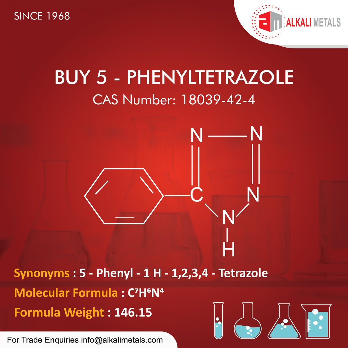 alkalimetalsltd's tweet photo. Alkali Metals Ltd is a manufacturer of premium quality 5 Phenyltetrazole. We also serve bulk orders and we ship worldwide.
To get more details about pricing, please visit https://t.co/KIjCwGBjwE
#chemical #chemicalsupplies #chemicalwork #chemicalsystem #chemicalsciences #alkali https://t.co/ye2R2N2HTG