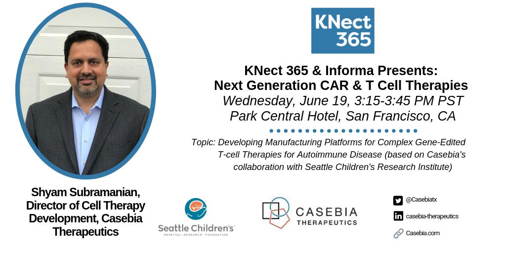 Casebia Therapeutics (@casebiatx) on Twitter photo Our own Shyam Subramanian will speak at #NEXTGENCART on the topic of “Developing Manufacturing Platforms for Complex #GeneEdited #Tcell Therapies for #AutoimmuneDisease” based on our work with <a href="/SeattleChildren/">Seattle Children's</a>’s Research Institute via @AntibodyEng365 lifesciences.knect365.com/car-t/ Our own Shyam Subramanian will speak at #NEXTGENCART on the topic of “Developing Manufacturing Platforms for Complex #GeneEdited #Tcell Therapies for #AutoimmuneDisease” based on our work with <a href="/SeattleChildren/">Seattle Children's</a>’s Research Institute via @AntibodyEng365 lifesciences.knect365.com/car-t/