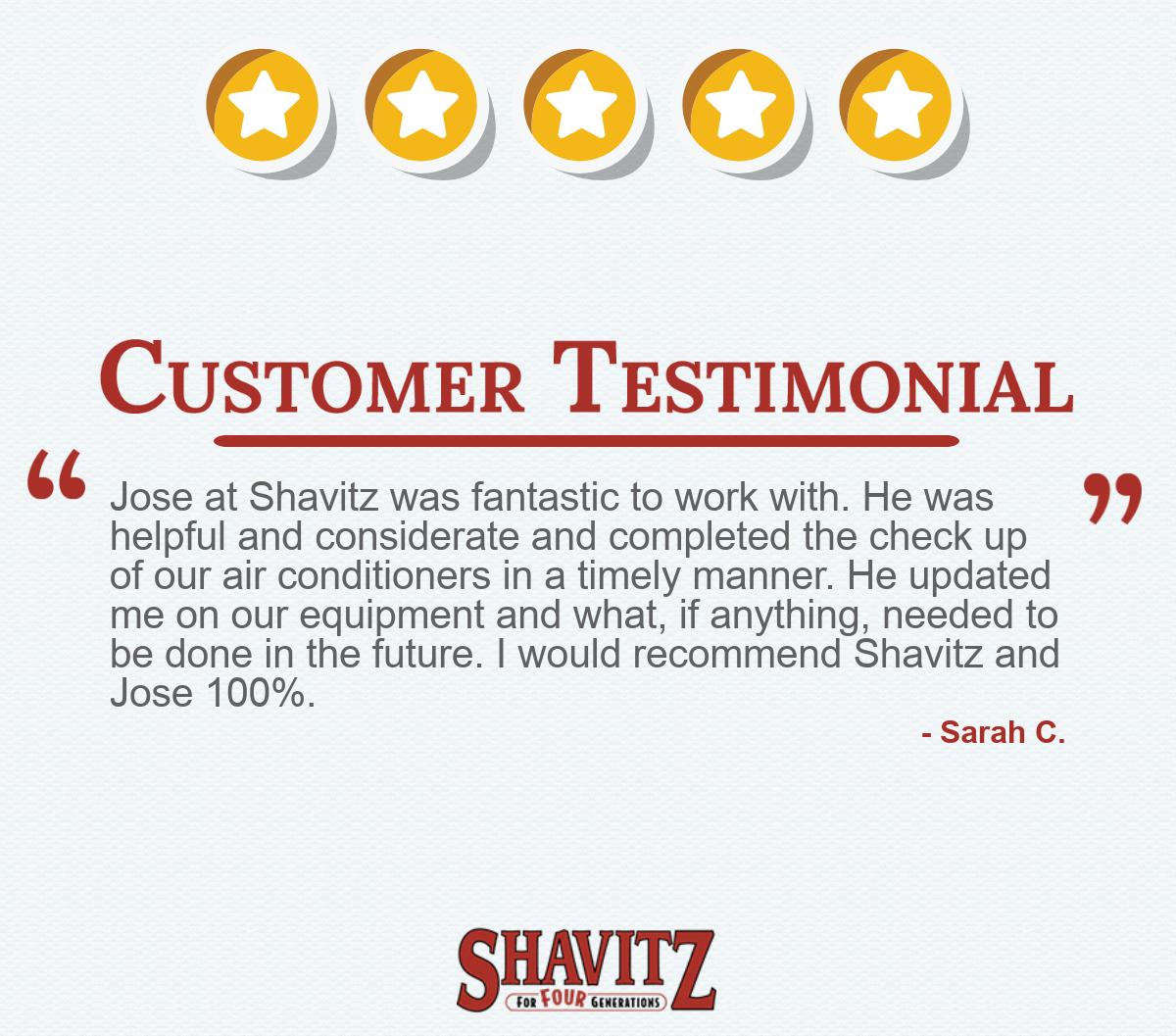 Shavitz_HVAC's tweet photo. #Testimonial

"I would recommend Shavitz and Jose 100%." https://t.co/1DXxRbov4W