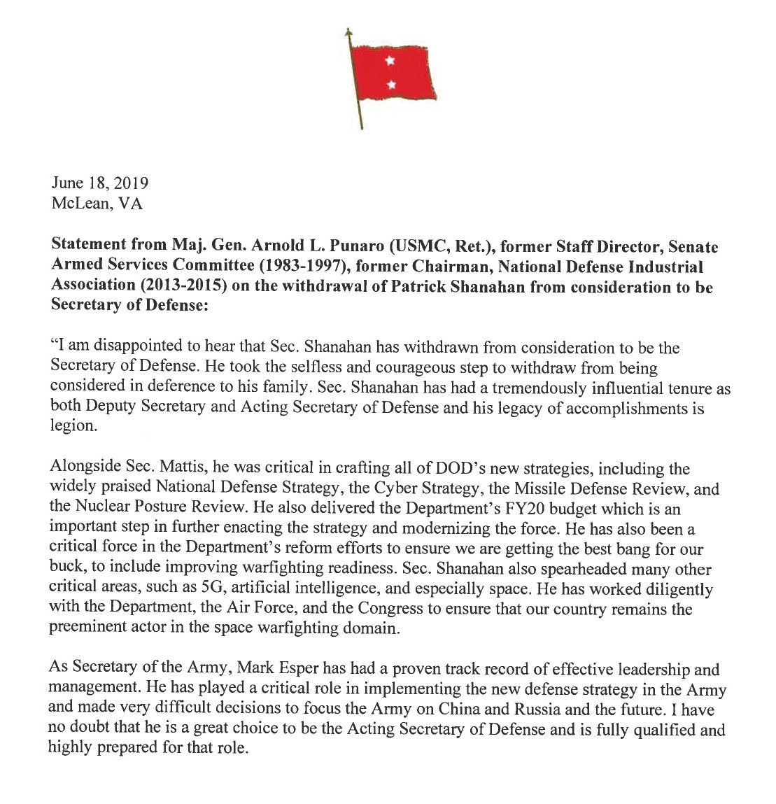 ArnoldLPunaro's tweet image. My statement on Sec. Shanahan&apos;s withdrawal and Sec. Esper&apos;s selection as Acting Secretary.