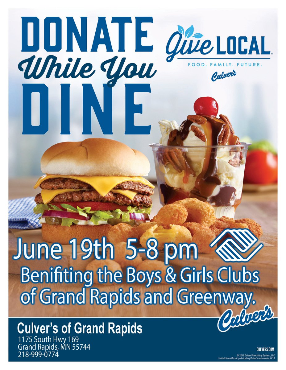 BGCofGRG's tweet photo. JOIN US TOMORROW at CULVER'S to support Boys &amp; Girls Clubs of Grand Rapids and Greenway. https://t.co/5dXd1doceA