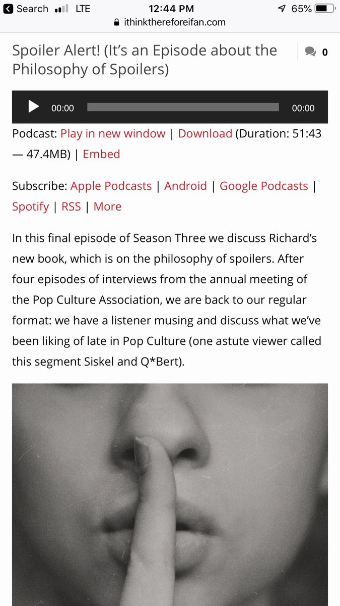 ThereforeFan's tweet image. Our new episode, the final episode of season three is out today. Richard Greene discusses his new book, Spoiler Alert: It’s a Book About the Philosophy of Spoilers. Lot’s of fun!
Find it here: ithinkthereforeifan.com