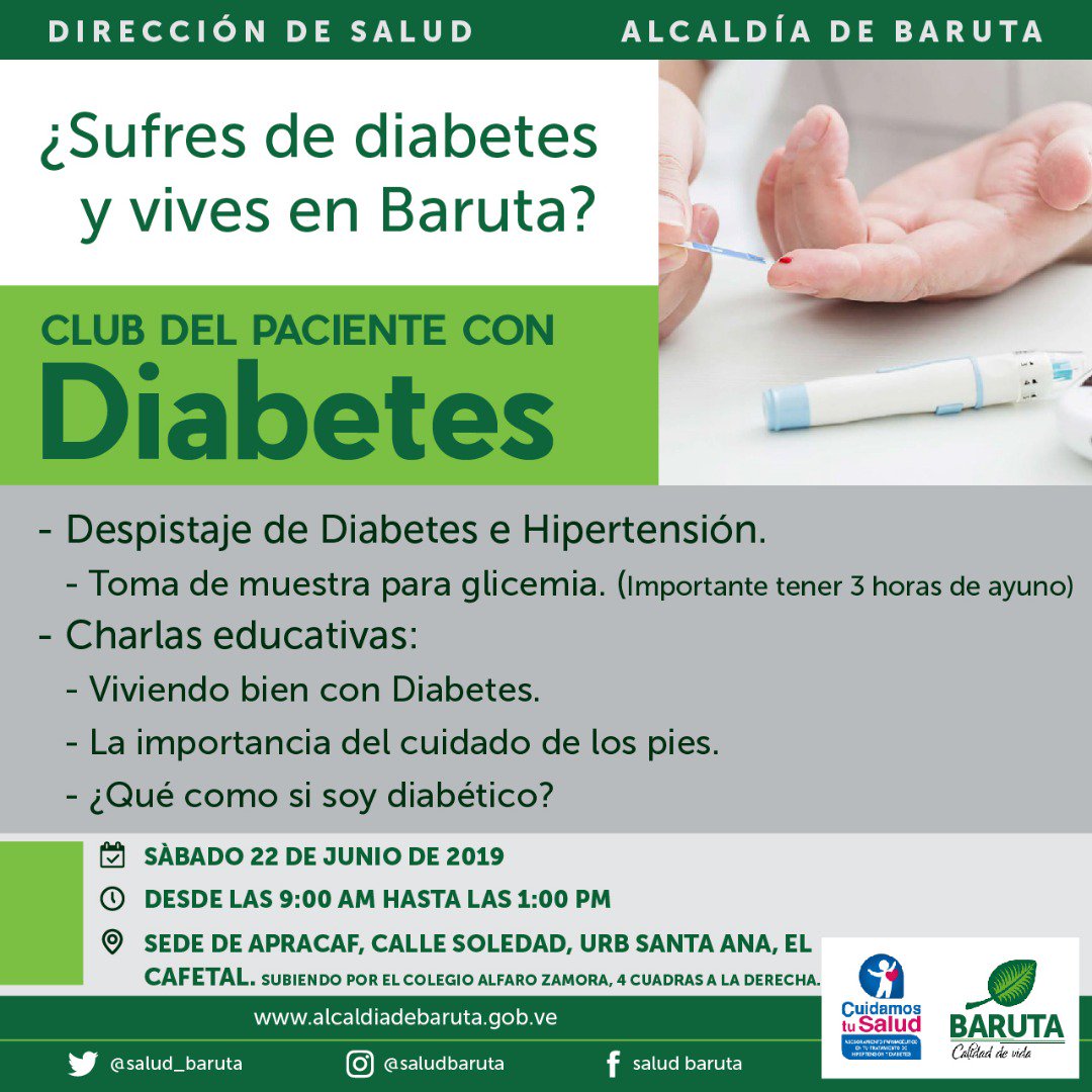 ¿Sufres de diabetes y vives en Baruta? 

Te invitamos el próximo sábado 22 de junio desde las 9 am en la Sede de Apracaf, calle Soledad, Urb. Santa Ana, El Cafetal. 

Corre la voz y asiste! ¡Te esperamos! 

#SaludEsCalidadDeVida #SaludBaruta #AlcaldiadeBaruta