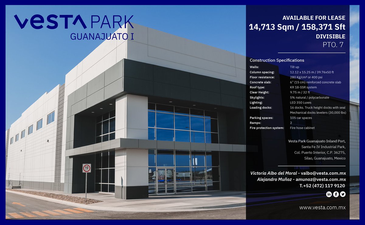 oficialVesta's tweet photo. Naves con las mejores especificaciones en el mercado para la operación de manufactura ligera y centros de distribución en ubicaciones estratégicas. Ideales para la proveeduría del sector automotriz, entre otros sectores. #vestaparkguanajuato #innovesting https://t.co/naJf8A76Sm