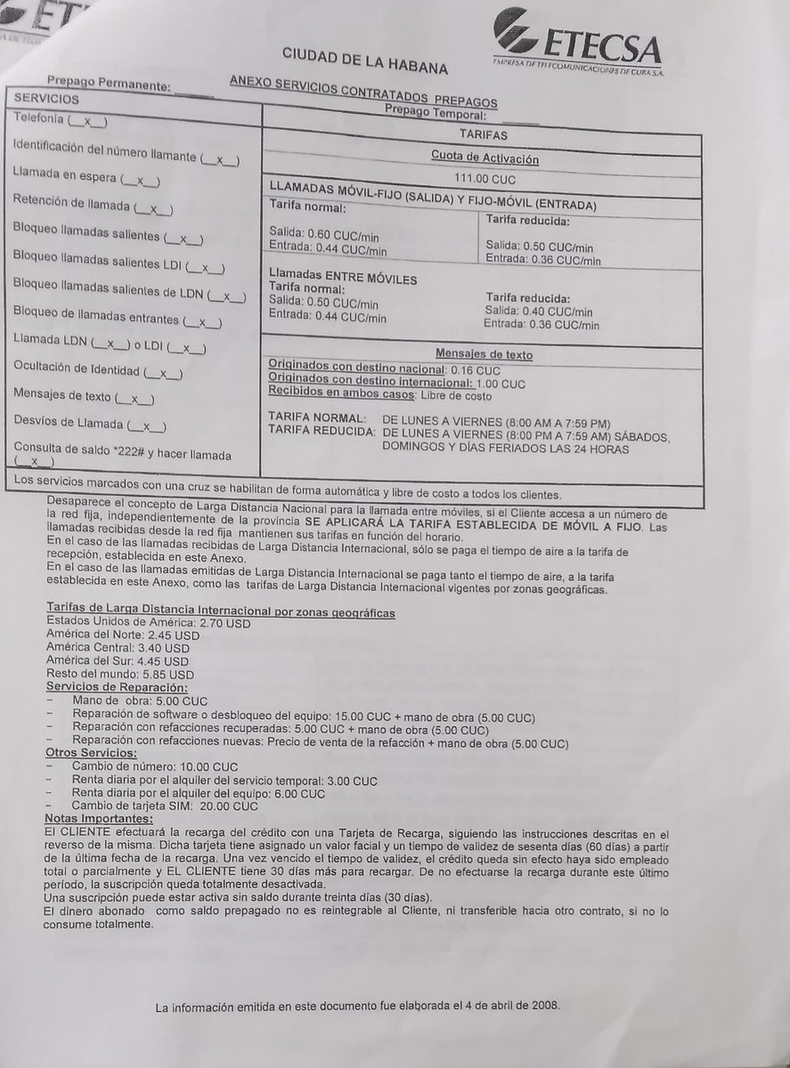 NeversLa's tweet photo. @ETECSA_Cuba Esa gráfica tiene errores la cuota de activación en 2008 era de 111cuc + 10 cuc total 120 no 60 corrijanlo. Ahí les va un contrato por si no se acuerdan. https://t.co/2AXzO3ErcI