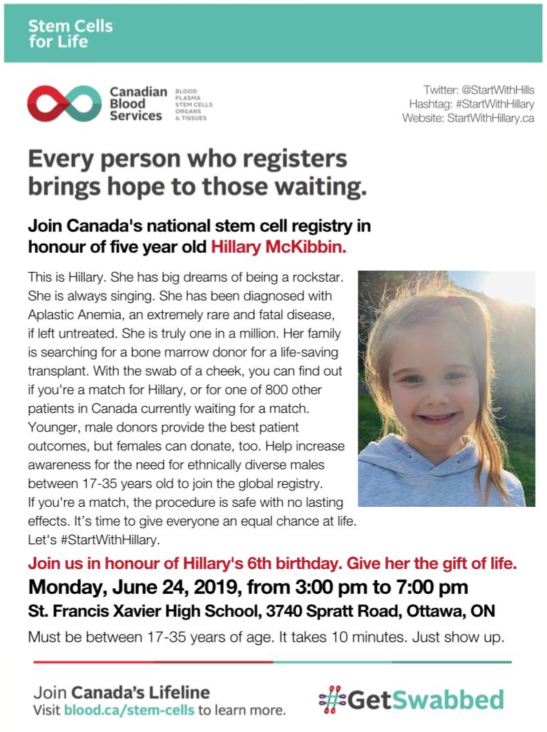 OCDSB's tweet photo. Hello #Ottawa. This is Hillary. She is an amazing young girl in our area who needs some help. She &amp; her family are searching for a bone marrow donor. Come to the drive Mon Jun 24th 3-7pm  @StFXOCSB. It only takes 10 minutes &amp; can save a life. #StartWithHillary #JoinTheLifeline https://t.co/eRHOMpvUha