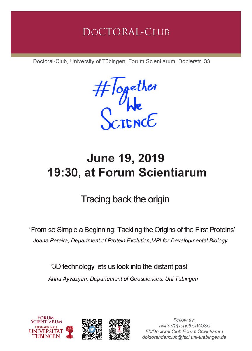 TogetherWeSci's tweet photo. Tomorrow June, 19th @7:30pm - #TogetherWeScience seminar session @ ForumScientiarum, @uni_tue . Excited to host @Joana_MPereira speaking about #TheOriginOfLife & #proteinevolution and #AnnaAyvazyan about #3D-reconstruction of #fossils. Join us 😉 #science #scicomm #geoscience https://t.co/wLbf1ihT4O